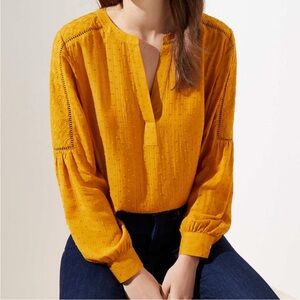 LOFT Gold Embroidered clip dots Long balloon Sleeve lace insets artsy V-neck top